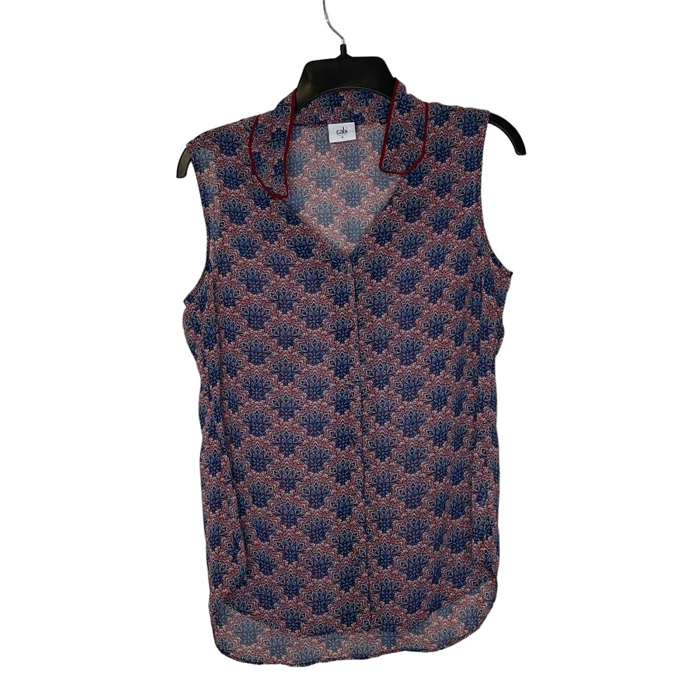 Cabi Moroccan Fan Print Women Small Sleeveless Sheer Tank Top Button Down Collar